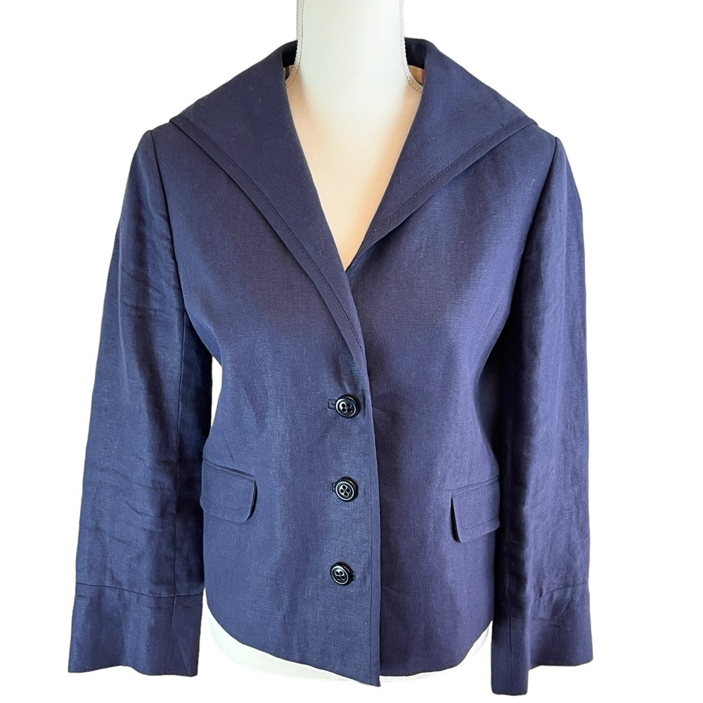 J‎ CREW Blue Linen Sailor Collar Blazer Jacket Coat Sz 10 Fisherman Silk Coastal